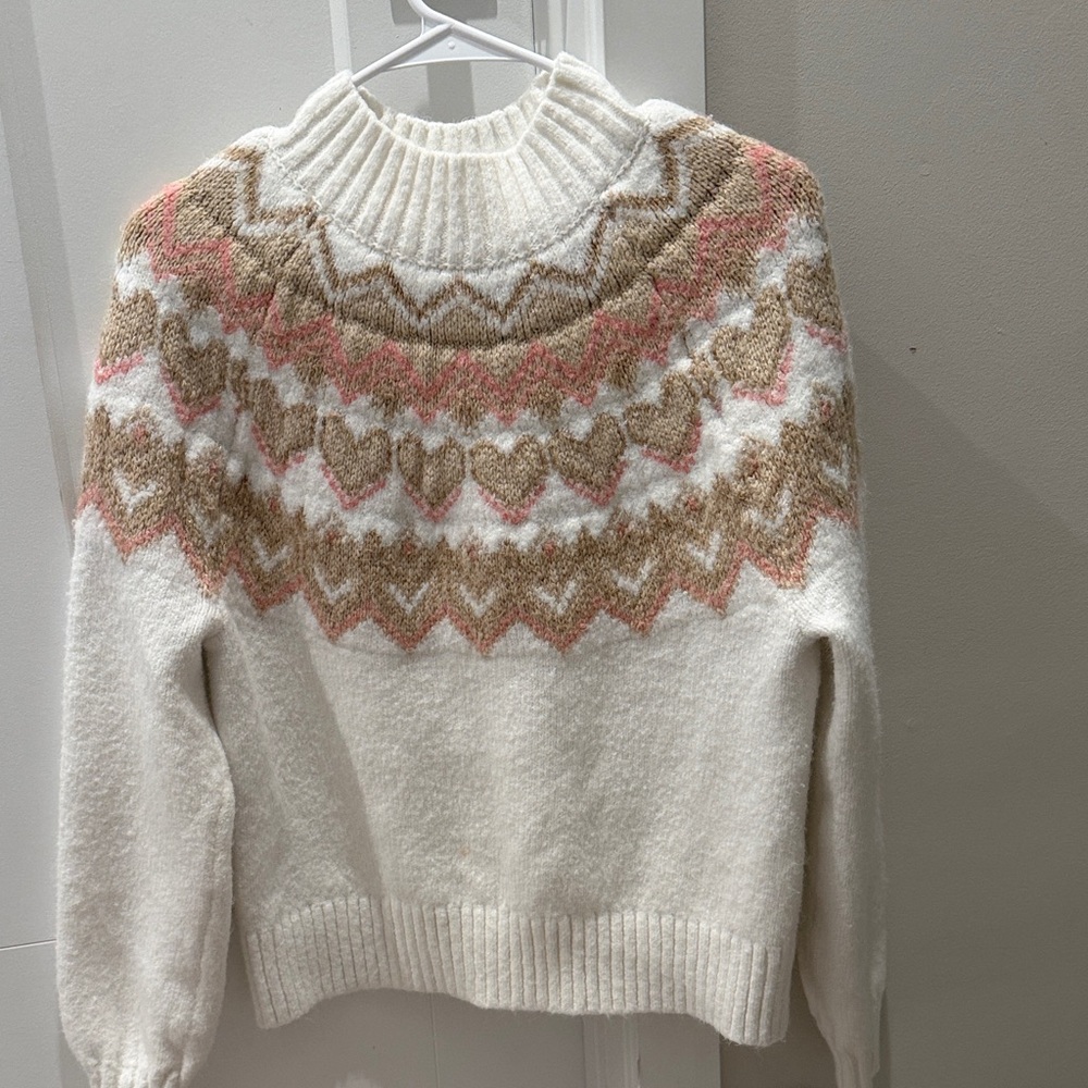 LOFT Cream and Pink Patterned Turtleneck Sweater